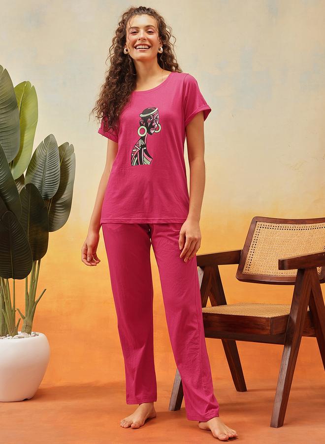 Clovia Cotton Graphic Print T-Shirt and Pyjama Set - Image 1